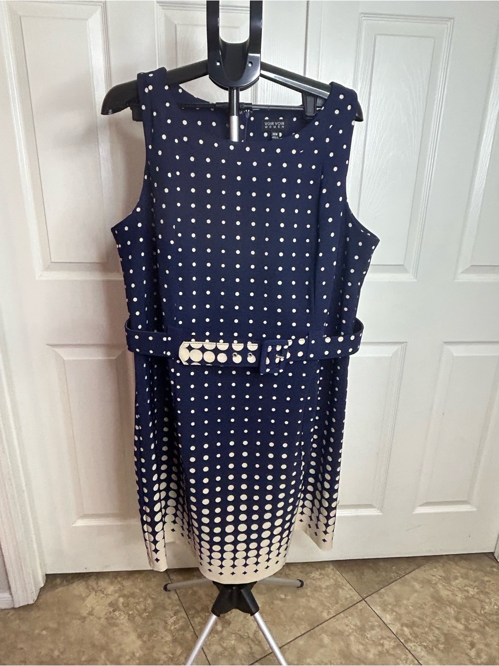 Voir Voir Navy and Tan Polka Dot Belted Midi Dress